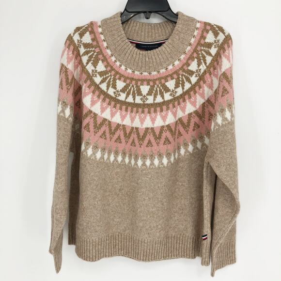 TOMMY HILFIGER Womens Pullover Sweater 1X Tan Pink Knit Metallic Fairisle NWT - Picture 3 of 11